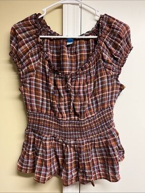 Old Navy Rust Plaid Smocked Peplum Top
